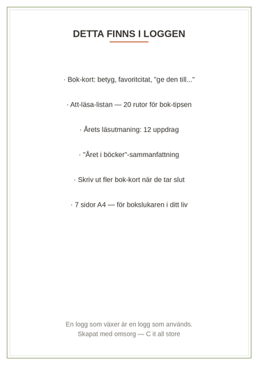Läsloggen — bokdagbok med bok-kort, att-läsa-lista, läsutmaning & årssammanfattning (printbar PDF)