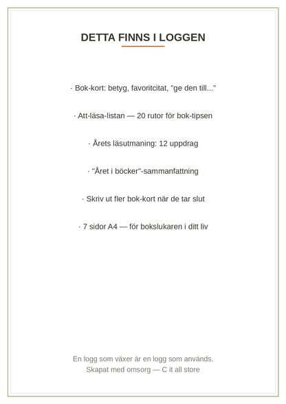 Läsloggen — bokdagbok med bok-kort, att-läsa-lista, läsutmaning & årssammanfattning (printbar PDF)