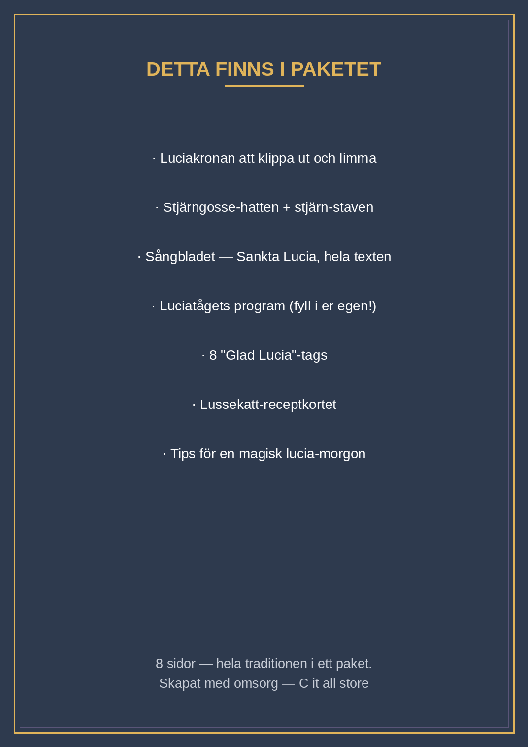 Lucia-paketet — luciakrona, stjärngosse-hatt, sångblad, tåg-program, tags & lussekatt-recept (printbar PDF)