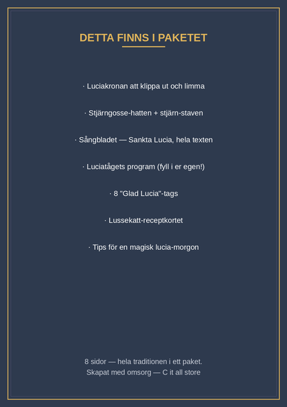 Lucia-paketet — luciakrona, stjärngosse-hatt, sångblad, tåg-program, tags & lussekatt-recept (printbar PDF)
