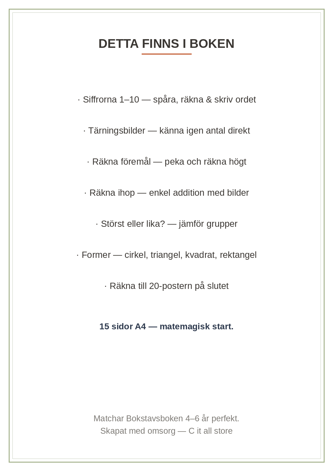 Sifferboken 4–6 år — siffrorna 1–10: spåra, räkna, addition & former (printbar PDF)