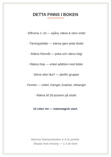 Sifferboken 4–6 år — siffrorna 1–10: spåra, räkna, addition & former (printbar PDF)