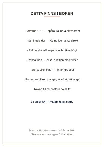 Sifferboken 4–6 år — siffrorna 1–10: spåra, räkna, addition & former (printbar PDF)