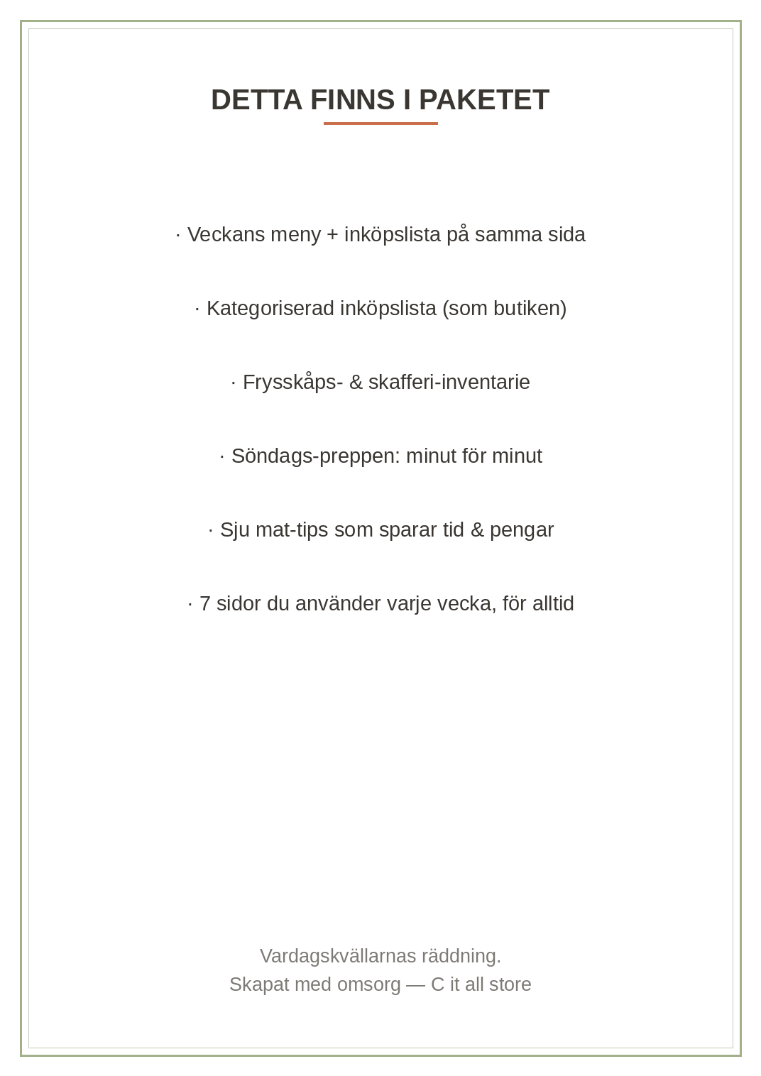 Måltidsplaneraren — veckomeny, inköpslista, frys- & skafferinventarie, söndags-prep (printbar PDF)