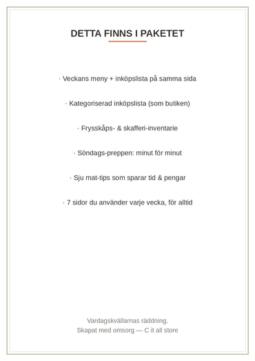 Måltidsplaneraren — veckomeny, inköpslista, frys- & skafferinventarie, söndags-prep (printbar PDF)