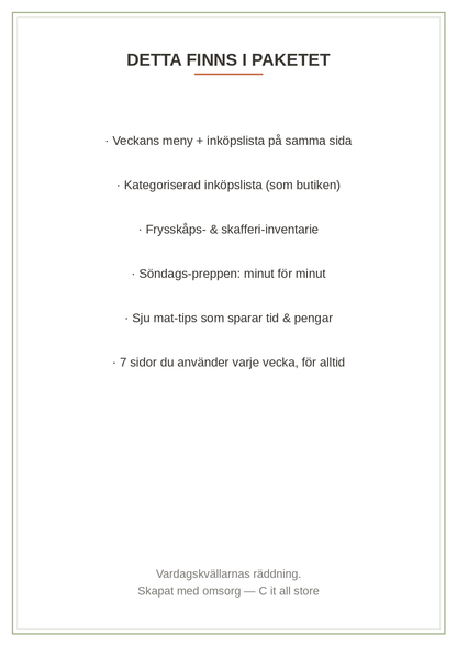 Måltidsplaneraren — veckomeny, inköpslista, frys- & skafferinventarie, söndags-prep (printbar PDF)