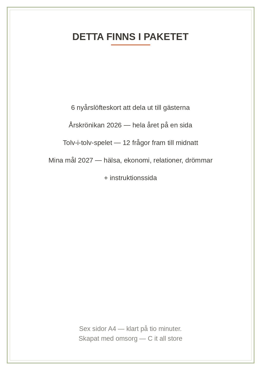 Nyårskit 2027 — löfteskort, årskrönika & tolv-i-tolv-spel (printbar PDF)
