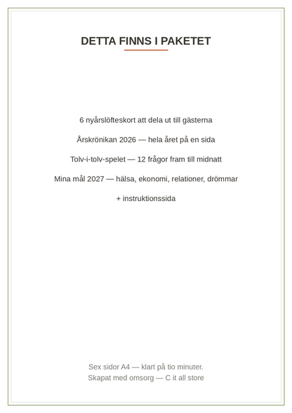Nyårskit 2027 — löfteskort, årskrönika & tolv-i-tolv-spel (printbar PDF)