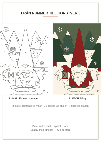 Måla efter nummer — Jul vol. 1: 3 exklusiva motiv med mall + färgnyckel + facit (printbar PDF)