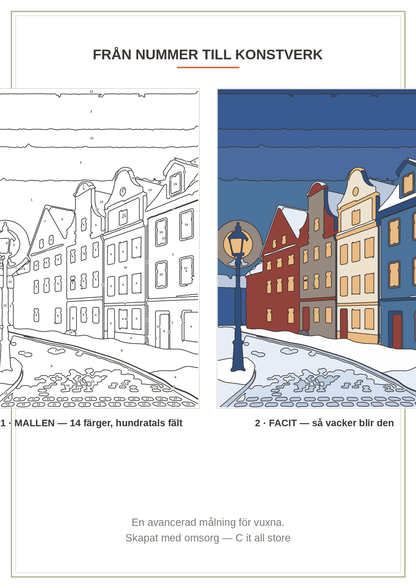 Måla efter nummer Premium vol. 2: Vinterkväll i gamla stan — avancerad målning för vuxna (printbar PDF)