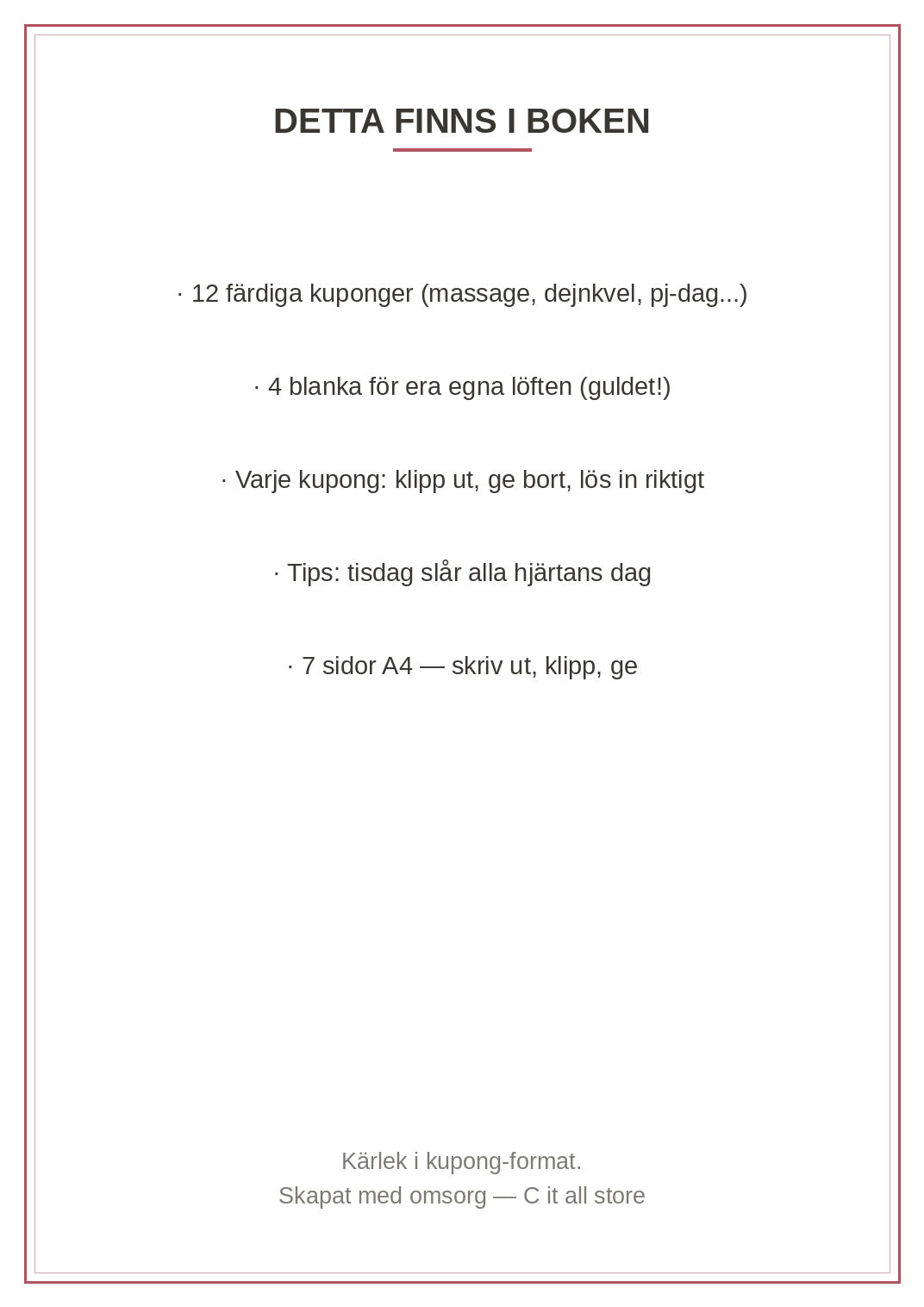 Kärleks-kupongboken — 12 klipp-ut-kuponger för partnern + 4 blanka (printbar PDF)