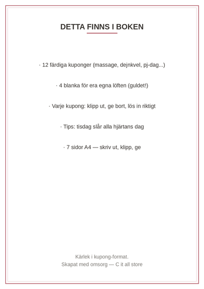 Kärleks-kupongboken — 12 klipp-ut-kuponger för partnern + 4 blanka (printbar PDF)