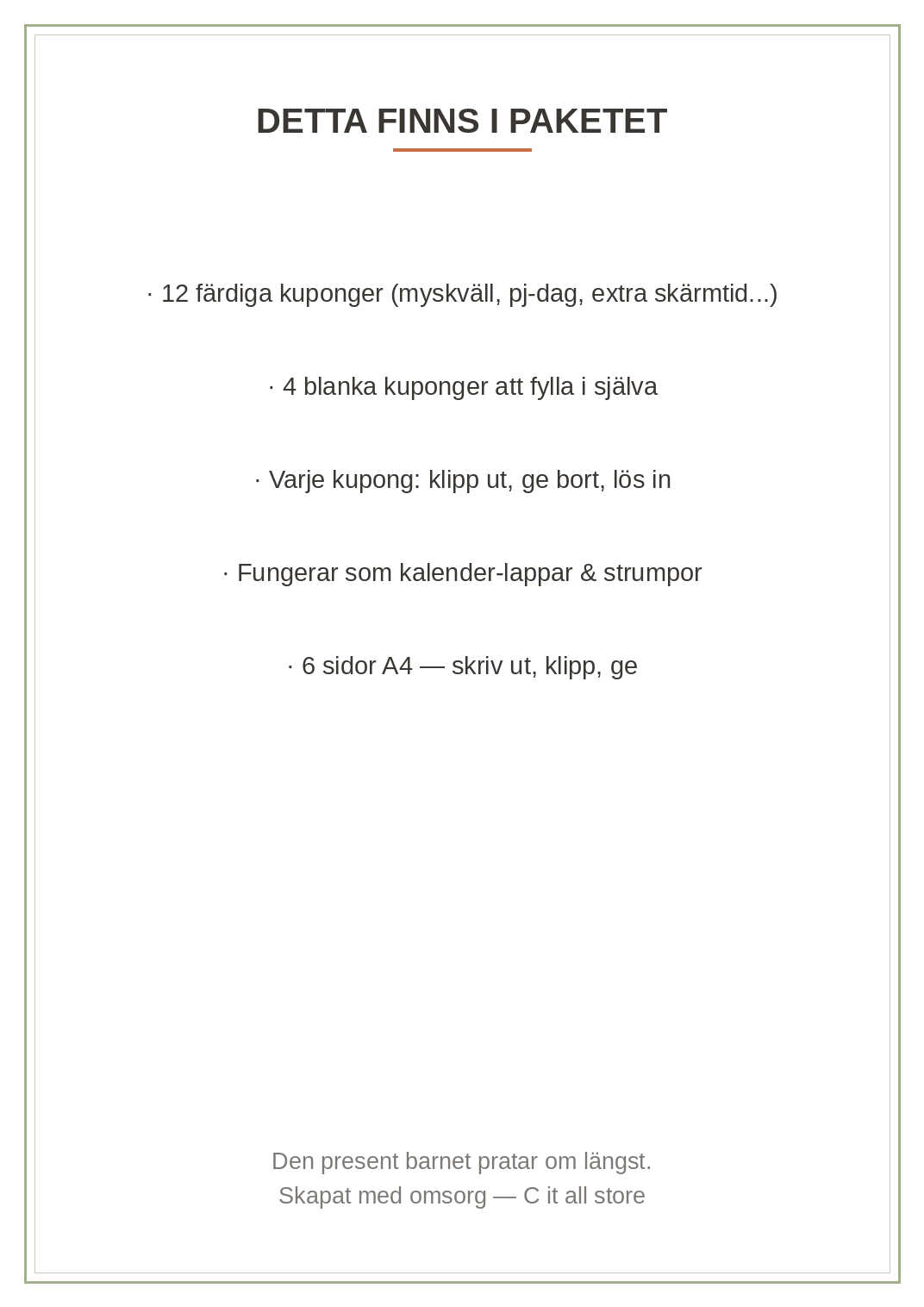 Värdekuponger till barn — 12 klipp-ut-kuponger + 4 blanka att ge bort (printbar PDF)