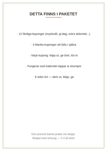 Värdekuponger till barn — 12 klipp-ut-kuponger + 4 blanka att ge bort (printbar PDF)