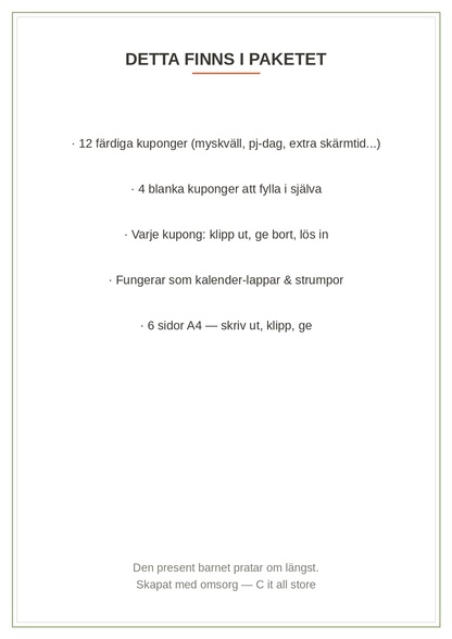 Värdekuponger till barn — 12 klipp-ut-kuponger + 4 blanka att ge bort (printbar PDF)