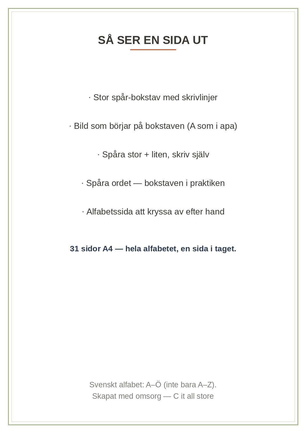 Bokstavsboken 4–6 år — hela alfabetet A–Ö: spåra, skriva & känna igen (printbar PDF)