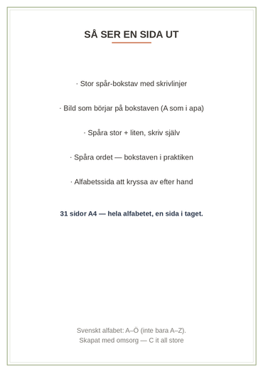 Bokstavsboken 4–6 år — hela alfabetet A–Ö: spåra, skriva & känna igen (printbar PDF)