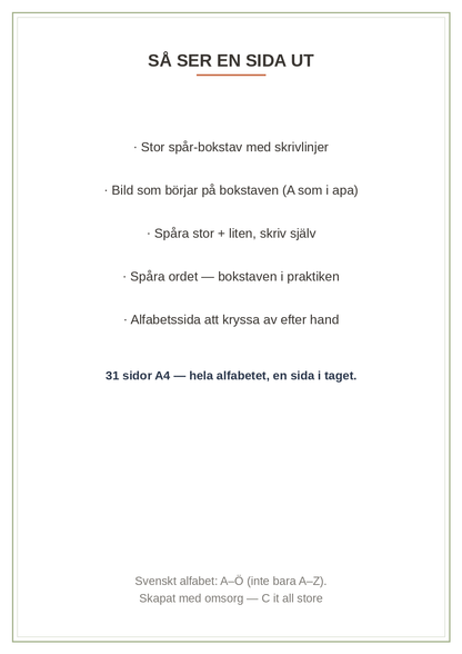 Bokstavsboken 4–6 år — hela alfabetet A–Ö: spåra, skriva & känna igen (printbar PDF)