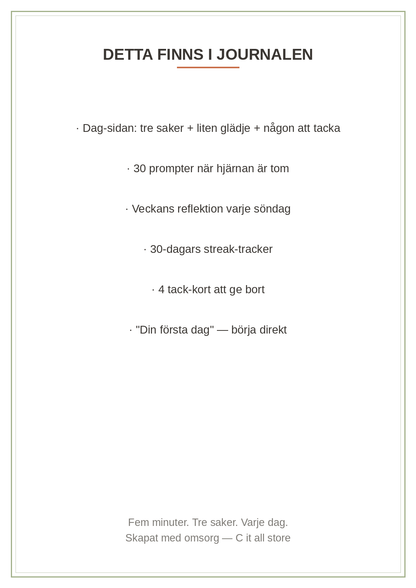 Tacksamhetsjournalen — 30 dagar, 5 minuter om dagen: dag-sida, prompter, veckoreflexion & tracker (printbar PDF)