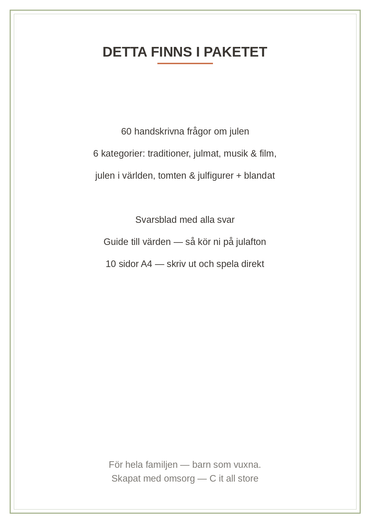 Julquiz 2026 — 60 frågor & svar för julafton (printbar PDF)