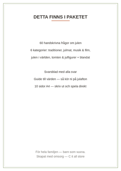 Julquiz 2026 — 60 frågor & svar för julafton (printbar PDF)