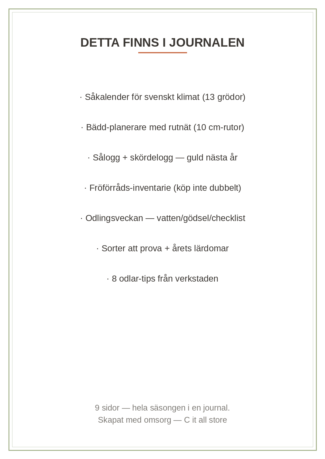Odlingsjournalen 2027 — såkalender, planeringsrutnät & loggar för svenskt klimat (printbar PDF)
