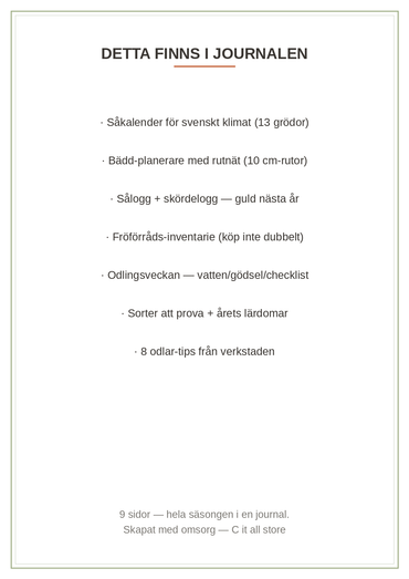 Odlingsjournalen 2027 — såkalender, planeringsrutnät & loggar för svenskt klimat (printbar PDF)