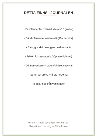 Odlingsjournalen 2027 — såkalender, planeringsrutnät & loggar för svenskt klimat (printbar PDF)