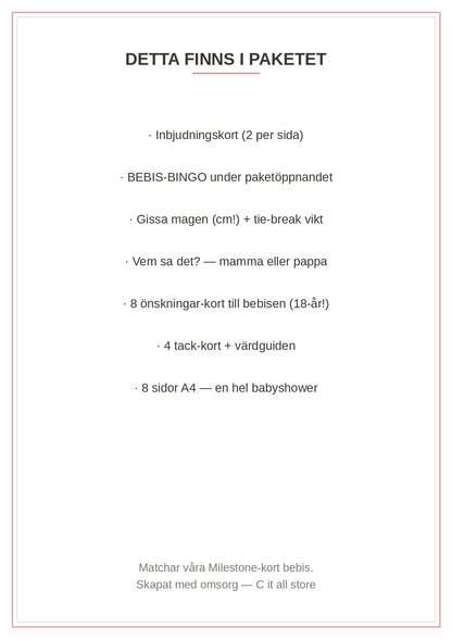 Babyshower-paketet — inbjudan, 4 spel, önske-kort & tackkort (printbar PDF)