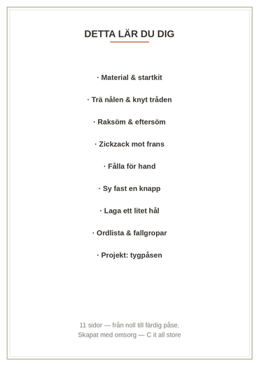 Sy-skola vol. 1 — grundtekniker för hand: material, sömmar, knapp, laga & första projektet (printbar PDF)