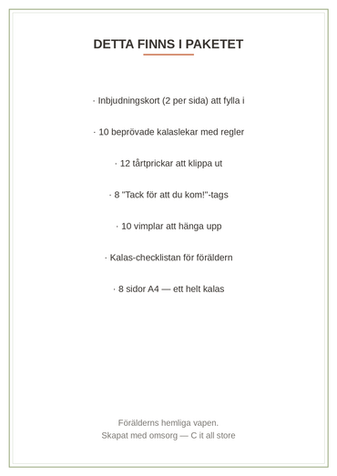 Barnkalas-paketet — inbjudan, 10 lekar, tårtprickar, tags, checklista & vimplar (printbar PDF)
