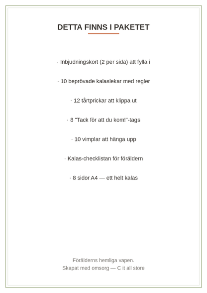 Barnkalas-paketet — inbjudan, 10 lekar, tårtprickar, tags, checklista & vimplar (printbar PDF)