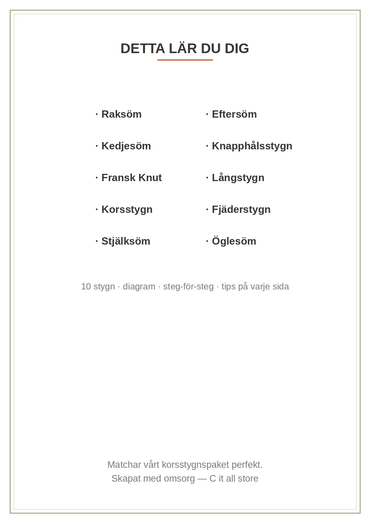 Broderi-skola vol. 1 — 10 stygn steg för steg med tydliga diagram (printbar PDF)