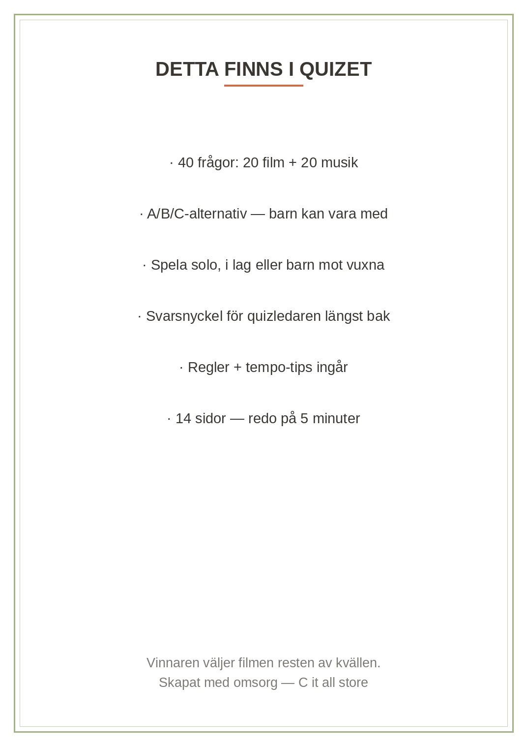 Film- & musikquiz — 40 frågor med A/B/C + svarsnyckel (printbar PDF)