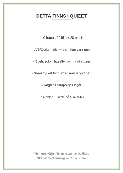 Film- & musikquiz — 40 frågor med A/B/C + svarsnyckel (printbar PDF)