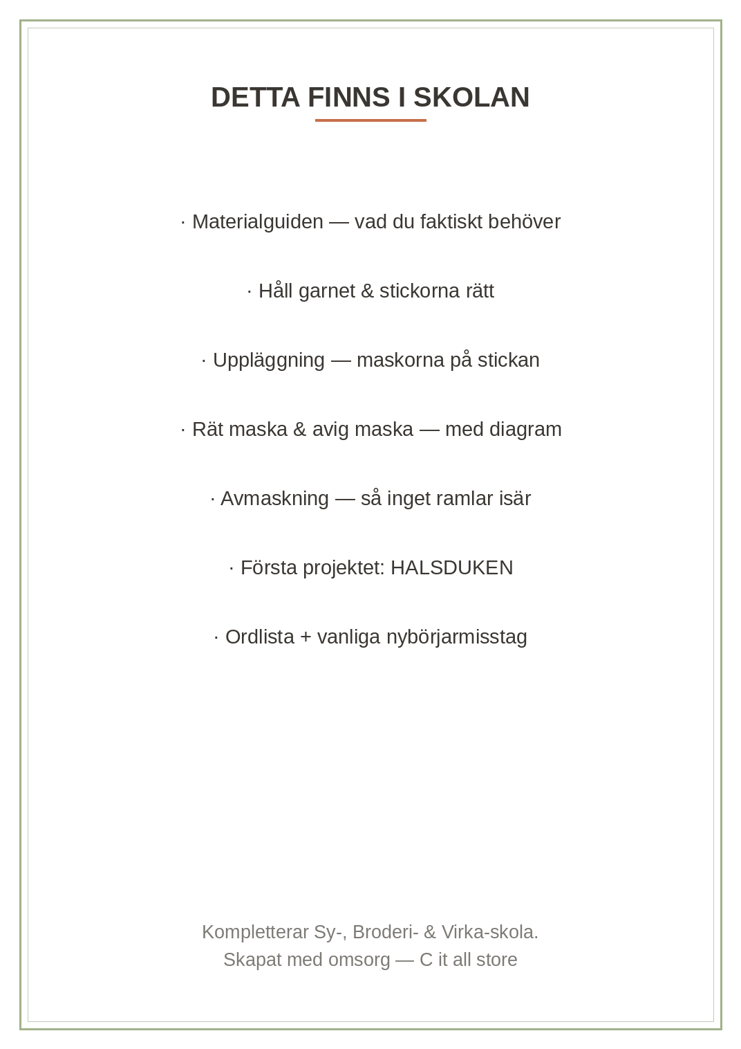 Sticka-skola vol. 1 — uppläggning, rät & avig maska, avmaskning + halsduk-projektet (printbar PDF)