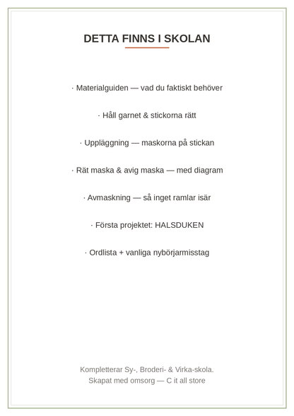 Sticka-skola vol. 1 — uppläggning, rät & avig maska, avmaskning + halsduk-projektet (printbar PDF)