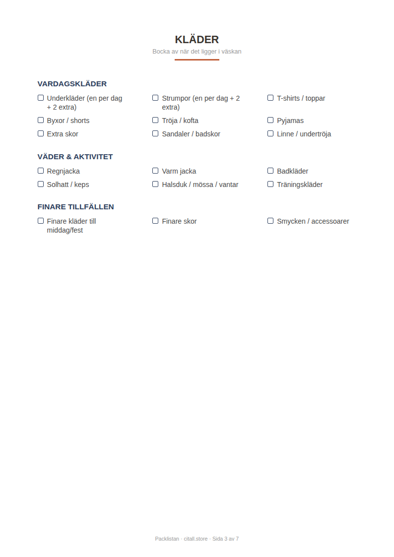 Packlistan — checklista för kläder, elektronik, hygien & dokument, plus egen lista (printbar PDF)