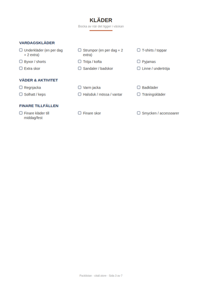 Packlistan — checklista för kläder, elektronik, hygien & dokument, plus egen lista (printbar PDF)