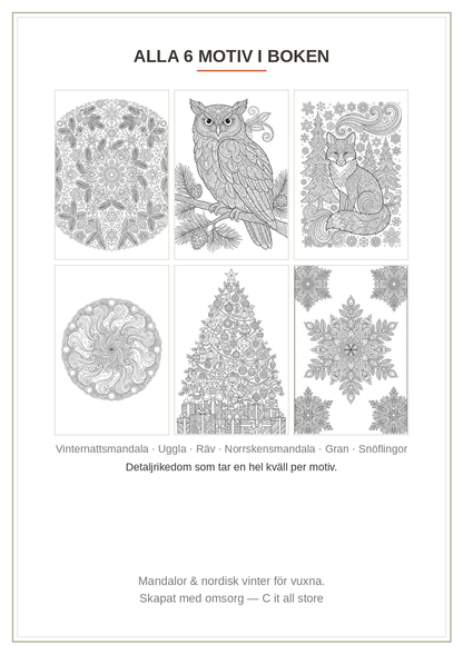 Målarboken Vuxna vol. 1 — 6 detaljrika motiv: mandalor & nordisk vinter (printbar PDF)