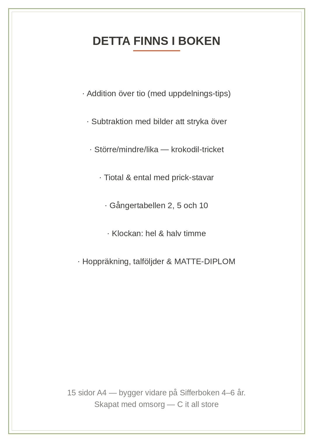 Sifferboken 6–8 år — addition & subtraktion, tabeller 2/5/10, klockan & talföljder (printbar PDF)