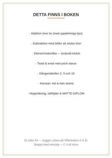 Sifferboken 6–8 år — addition & subtraktion, tabeller 2/5/10, klockan & talföljder (printbar PDF)