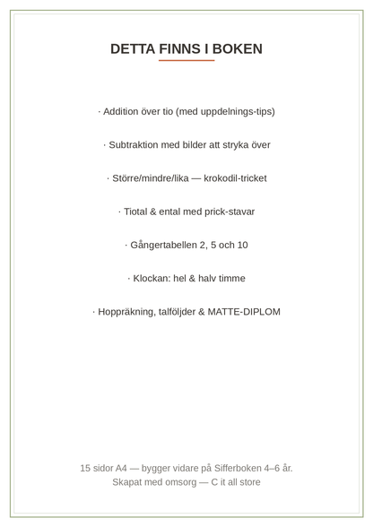 Sifferboken 6–8 år — addition & subtraktion, tabeller 2/5/10, klockan & talföljder (printbar PDF)