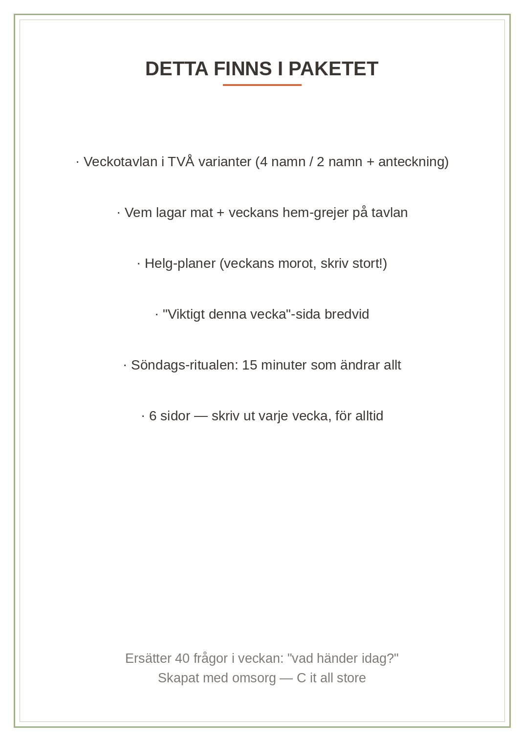 Familjeplaneraren — veckotavla med namn-kolumner, mat, helg-planer & "viktigt denna vecka" (printbar PDF)