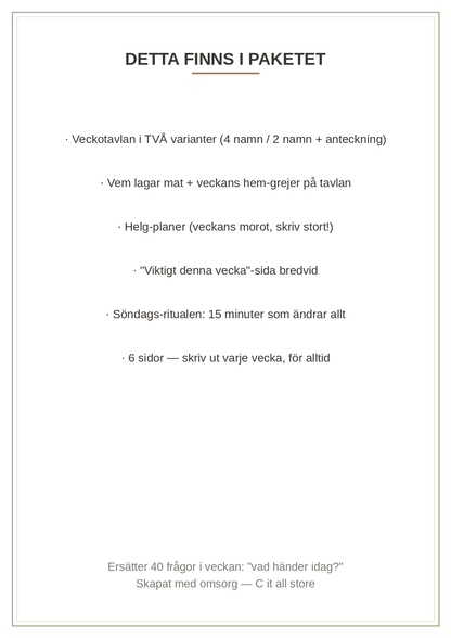 Familjeplaneraren — veckotavla med namn-kolumner, mat, helg-planer & "viktigt denna vecka" (printbar PDF)