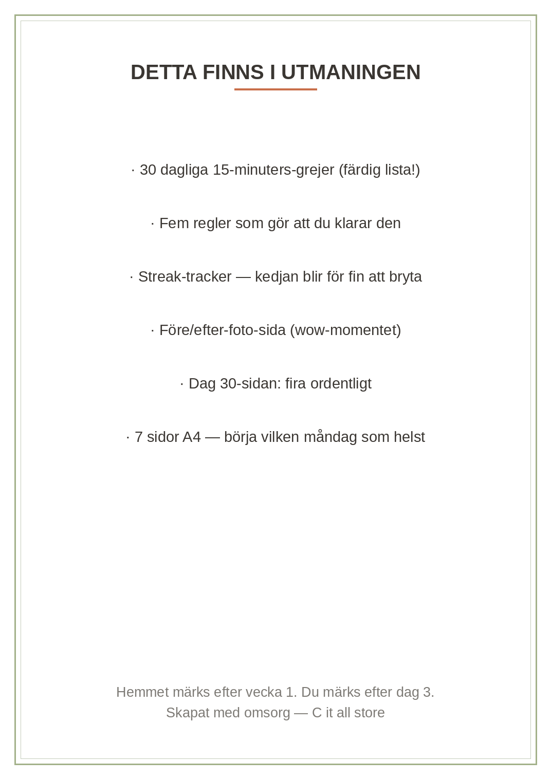 30-dagars städutmaningen — en 15-minuters grej per dag + tracker & före/efter (printbar PDF)