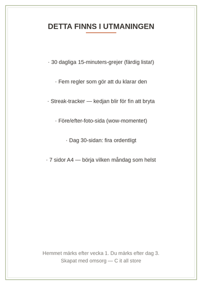 30-dagars städutmaningen — en 15-minuters grej per dag + tracker & före/efter (printbar PDF)