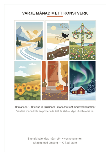 Konstkalendern 2027 — 12 unika illustrationer, en för varje månad (printbar PDF)