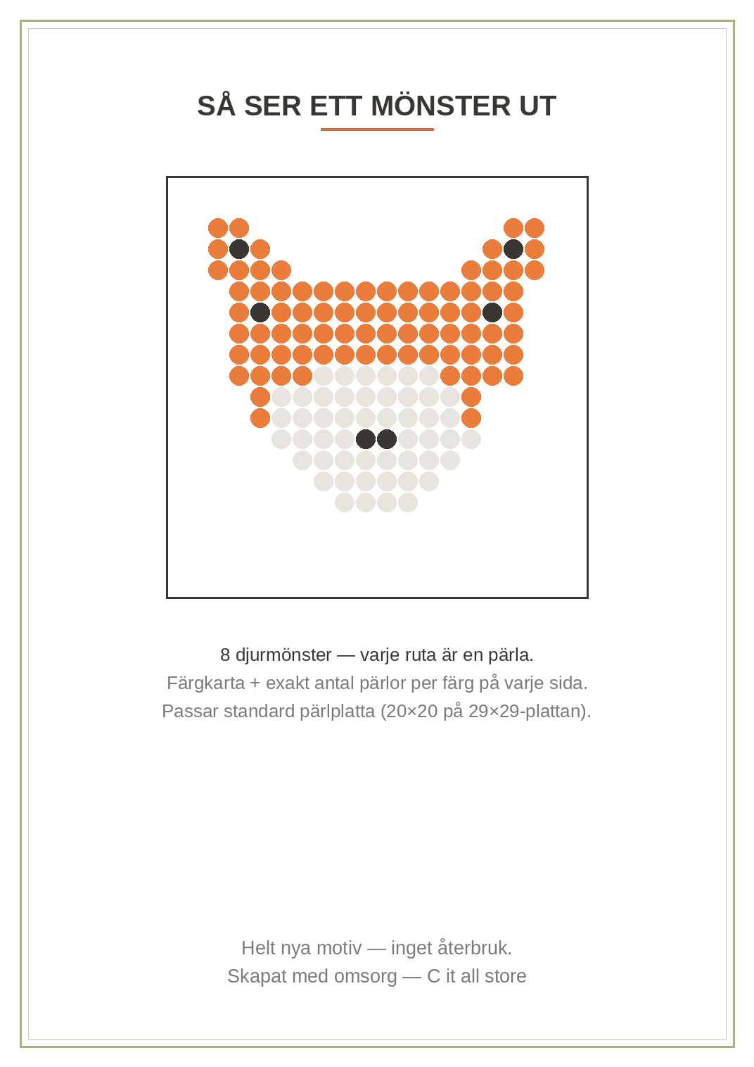 Pärlplattor Djur vol. 1 — 8 djurmönster 20×20 med färgkarta & antal pärlor (printbar PDF)