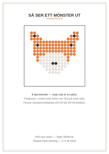Pärlplattor Djur vol. 1 — 8 djurmönster 20×20 med färgkarta & antal pärlor (printbar PDF)